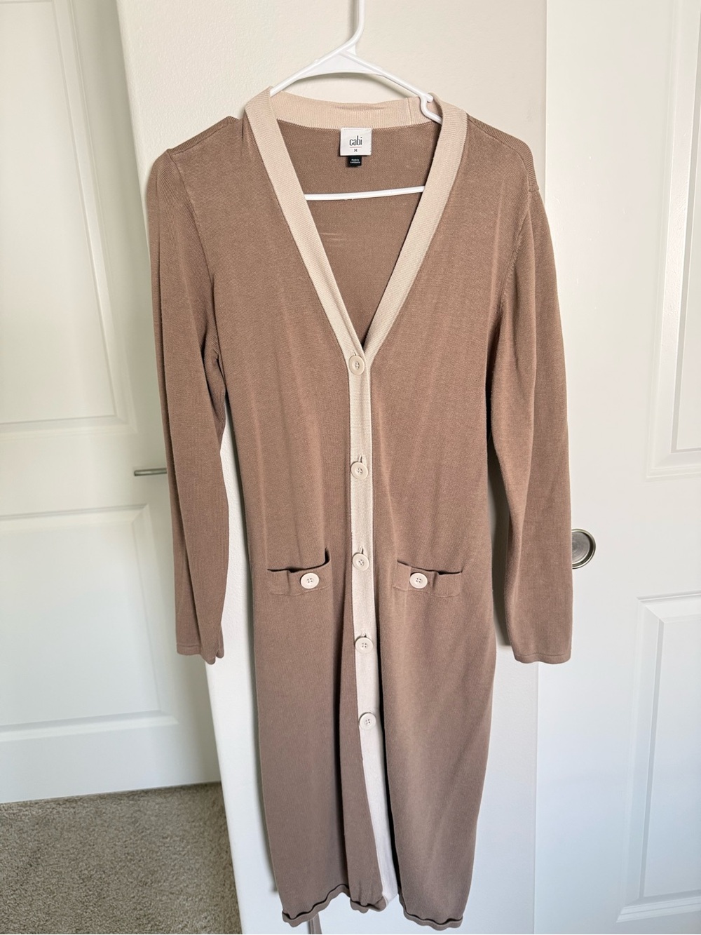 CAbi Long Taupe Knit Button-Front Dress with Cream Trim
